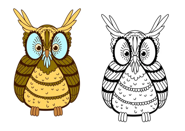 Cartoon colorful and outline eagle owl — 스톡 벡터