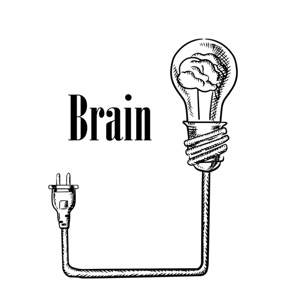 Light bulb with brain connected to plug — Stockvector