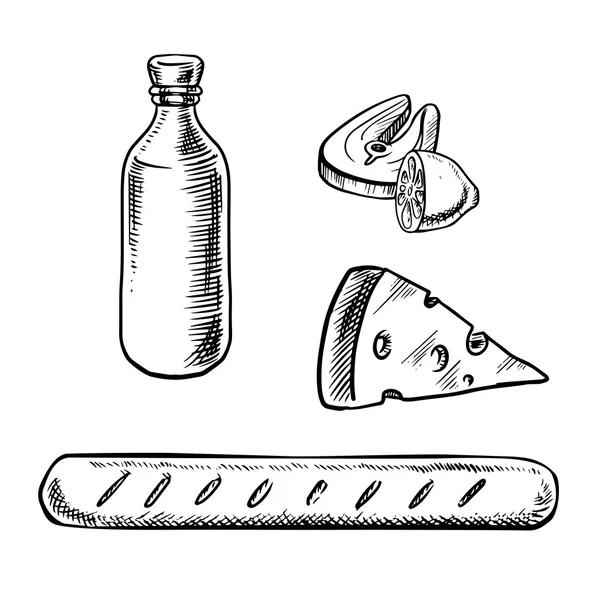 Croquis français sur la nourriture et les boissons — Image vectorielle