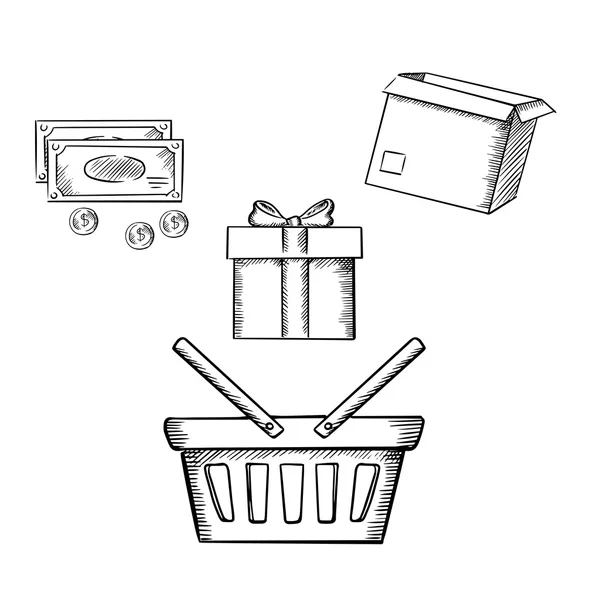 Warenkorb, Geschenk, Paket und Geld — Stockvektor