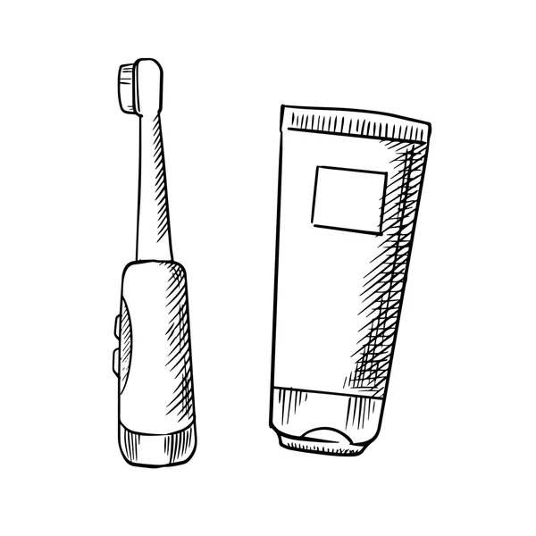 Bocetos de pasta de dientes y cepillo de dientes eléctrico — Archivo Imágenes Vectoriales
