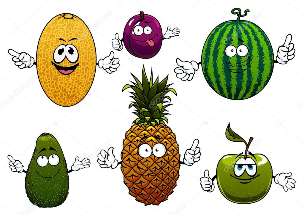 Juicy ripe cartoon fruit characters
