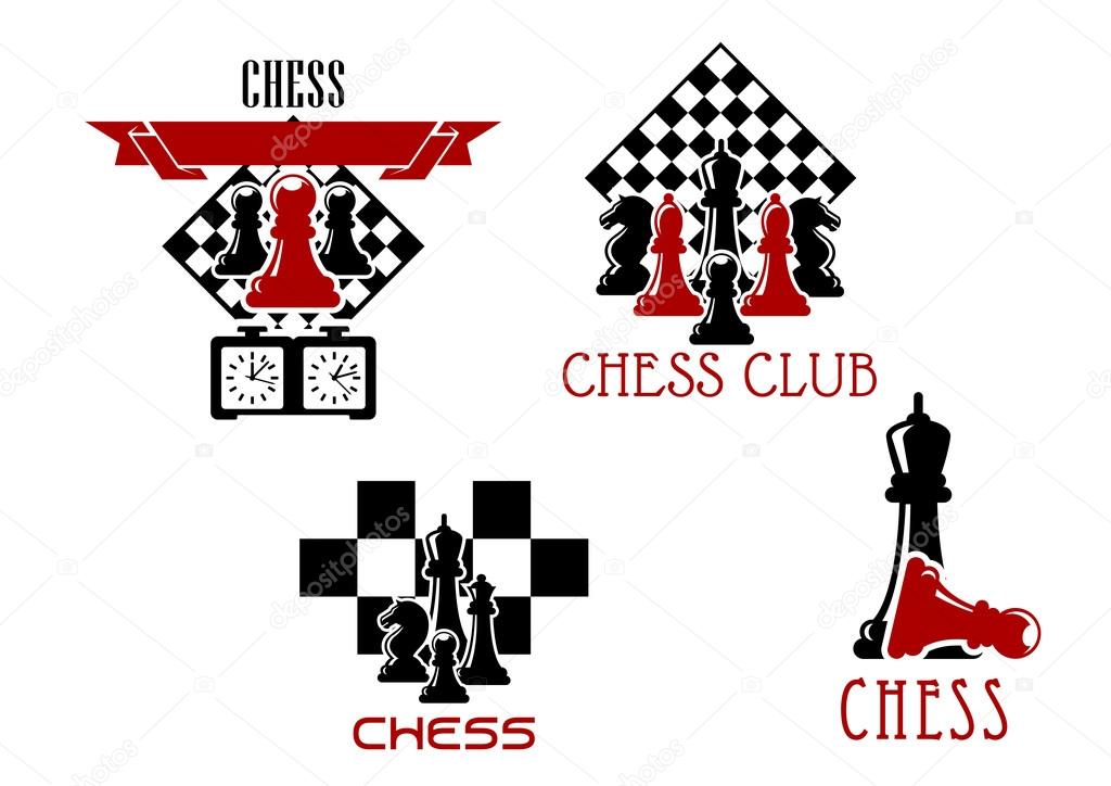 Chess club and tournament symbols with pawn, rook, knight and king chessmen