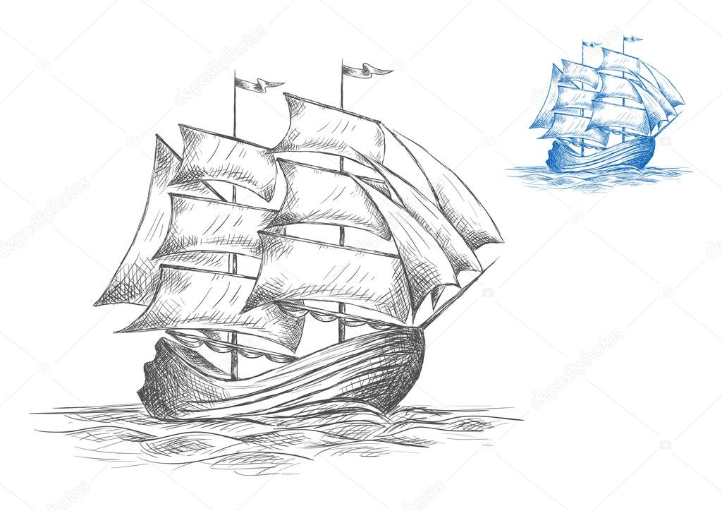 Sketch of sailing ship under full sail