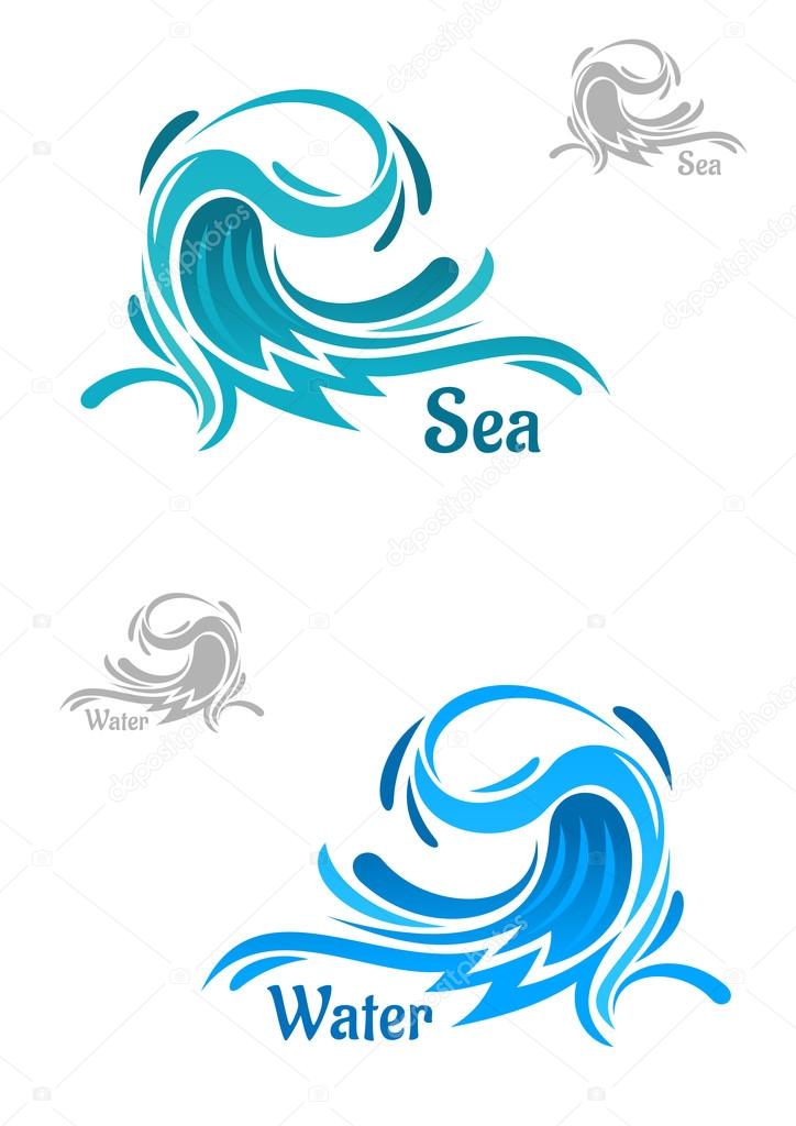 Big powerful ocean wave icons with curling blue water drops, captions Water and Sea. For nature, business or ecology theme