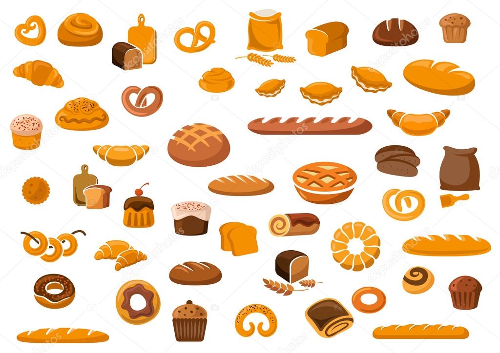 Bakery and pastry products icons set with various sorts of bread, sweet buns, cupcakes, dough and cakes for bakery shop or food design