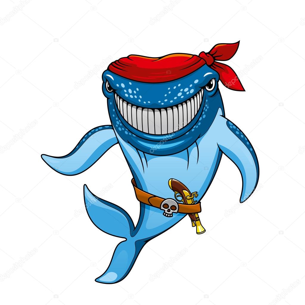 Cartoon blue whale pirate in bandanna and gun