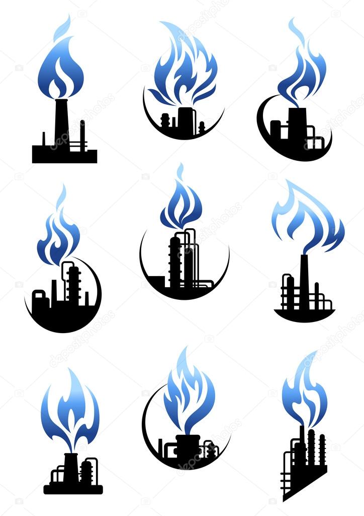 Gas and oil industry icons showing chemical industrial plants and factories with pipelines, tank storages, chimneys and powerful blue flames above them