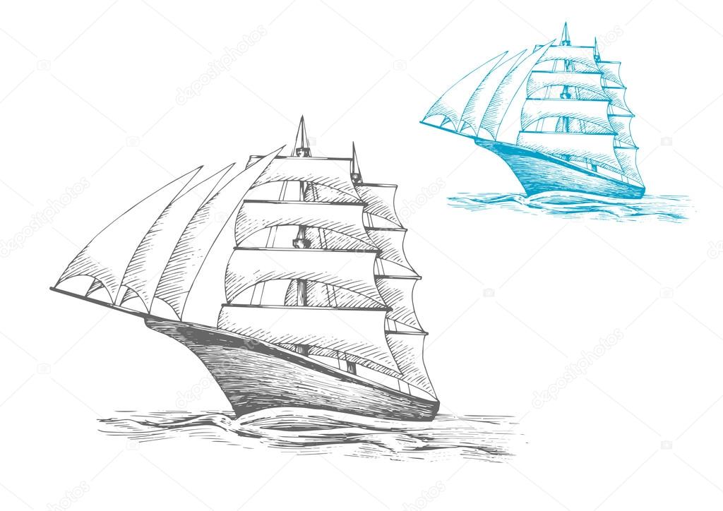 Sailing ship under sails in sea, sketch image