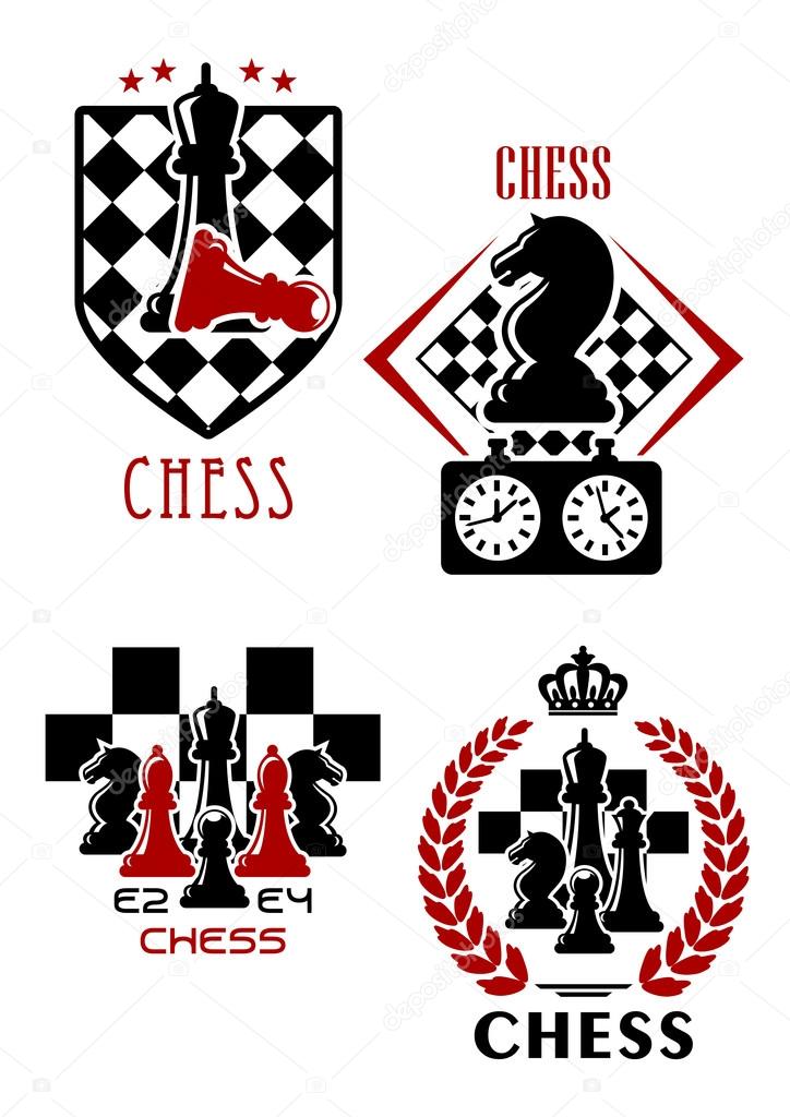 Chess game icons with king, queen, knight, bishop and pawn chessmen and timer on checkered background, supplemented by laurel wreath, shield, stars and crown