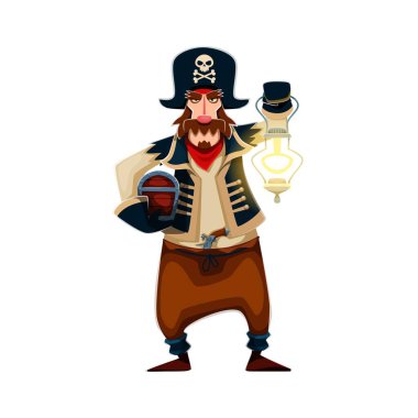 Çizgi film korsanı ve korsan karakteri parlayan fener ve hazine sandığı taşır. Ortaçağ kaptanı, kaptanı, kaptanı, kaptanı ya da yelkenlisi. Klasik korsan kılığında, tricorn şapkalı ve tabancalı.