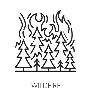 Doğal afetler, felaket çizgisi ikonu. Çevresel afet ana hatları ikon, iklim değişikliği doğal afet vektör sembolü. Yanan orman çam ağaçları ile vahşi yangın tabelası