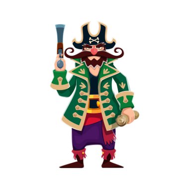 Çizgi film korsanı ve korsan karakterli silah ve parşömen parşömeni. Taşıyıcı bıyıklı sert denizci, kayıkçı, kaptan ve kaptan. şapka ve sakallı, çakmaklı tabanca tutan