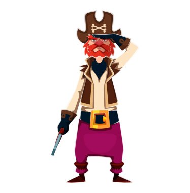 Çizgi film korsanı denizci karakteri, kahverengi ve bej elbiseli vektör korsair, çapraz kemikli uzun tricorn şapkalı. Kalın kırmızı bıyıklı bir korsan. Karayip korsanı gibi sert bakışlı.