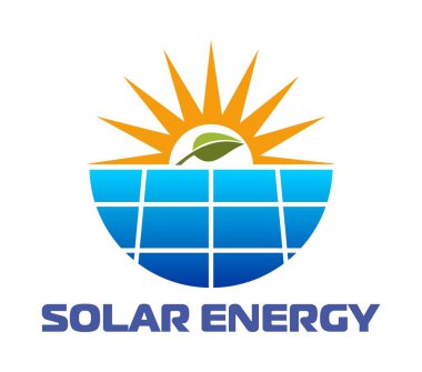 Güneş enerjisi ikonu ve yeşil yaprak, vektör amblemi. Güneş enerjisi ve fotovoltaik teknoloji alternatif enerji veya yenilenebilir elektrik teknolojisi şirketinin rozeti için güneş panelinin işareti
