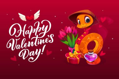 Hediyeler, laleler ve kalp iksiri şişesiyle çevrili yüzen kalpler ve pırıltılarla dolu konik bir Çin şapkası takan sevimli çizgi film yılanlı Sevgililer Günü tebrik kartı.
