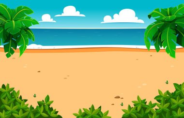 Sakin mavi okyanusları, altın kumu, yeşil palmiye yaprakları ve çalıları olan güneşli tropik plajlar. Yumuşak beyaz bulutların altında ufuk çizgisi. Çizgi film vektör adası plaj manzarası, oyun seviyesi arkaplan
