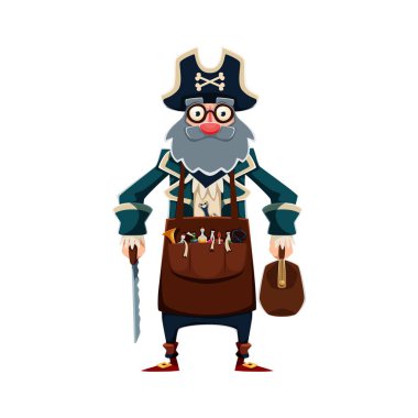 Gözlüklü, tricorn şapkalı ve uzun sakallı cesur korsan çizgi film karakteri. Bir bavul ve testere taşıyan vektör şahıs. Üzerinde iksir şişeleri olan bir önlük giymiş bu denizci bir simyacı.