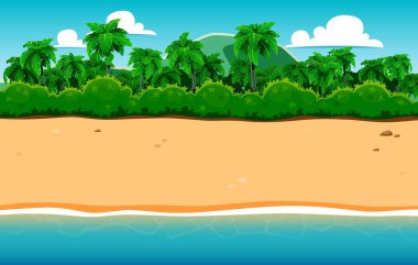 Ön planda yumuşak bej kum bulunan tropik kumlu plaj manzarası. Bereketli yeşil çalılar ve uzun palmiye ağaçları dağınık beyaz bulutlarla mavi gökyüzüne karşı duruyor. Çizgi film vektörü korsan adası geçmişi