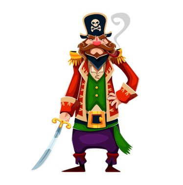 Çizgi film kaptanı vektör karakter keskin kıvrımlı bir kılıç ve sigara piposu tutuyor. Karayip korsan karakteri ya da korsan, altın apoletli kırmızı ceket, yeşil gömlek ve mor pantolon giyiyor.