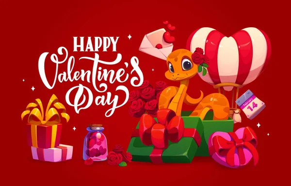 İçinde güller, hediyeler, kalp balonu, aşk mektubu ve 14 Şubat takvimi olan turuncu bir yılanın olduğu Sevgililer Günü tebrik kartın kutlu olsun. Gösterişli, parlak, neşeli ve romantik bayram afişi