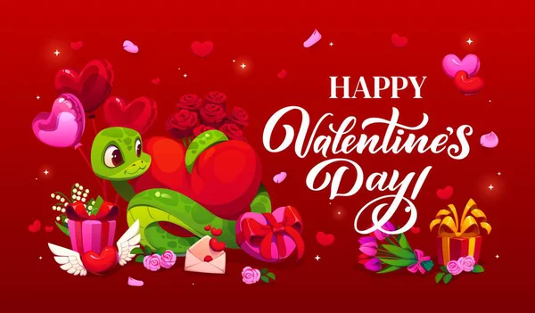 Güzel yılanlı Sevgililer Günü tebrik kartın kutlu olsun. Balonlarla, çiçeklerle, aşk mektuplarıyla ve romantik kırmızı arka planda hediyelerle çevrili kocaman kalbi olan sevimli yeşil sürüngen bayrağı.