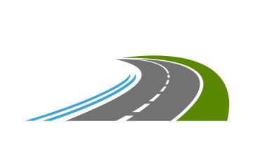 Yol veya garaj yolu, vektör yolculuğu ve ulaşım sembolünün asfalt yolu simgesi. Lojistik teslimat veya ulaşım kurumsal rozeti için trafik şeridi olan asfalt yol simgesi