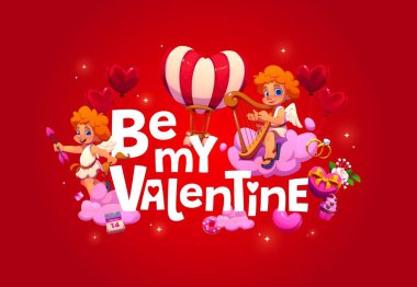 Kalpli, arplı, selamlı, sevgi dolu meleklerin olduğu, 14 Şubat için romantik ve neşeli duyguları teşvik eden, ya da bayram kutlamalarını ve selamları seven sevgililer günü kartım ol.