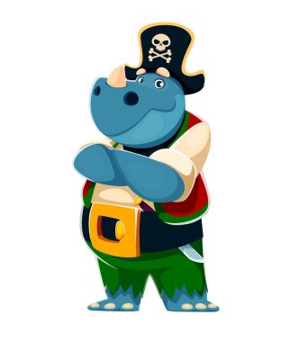 Çizgi film gergedan hayvan korsan karakteri Tricorn şapkalı. Vektör güçlü korsan gururla kollarını kavuşturur, gurur ve güç verir. Çocuk korsan partisi için yeşil pantolonlu şirin gergedan.