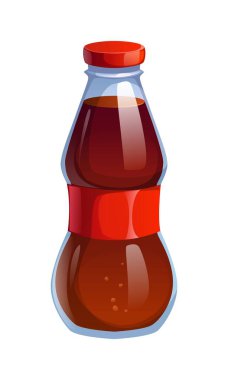 Karikatür soda içeceği, koyu köpüklü içecek ve içinde kabarcıklar var. Kırmızı şapkalı soda şişesi ortada geniş bir etiket var. Şeffaf şişede soğuk bir içecek.
