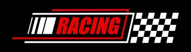 Yarış arabası, rali motorsporu çıkartması ya da sembol. Yarış pisti motor sporu etiketi, şampiyonluk vektör etiketi. Damalı bayrak desenli motosiklet yarışı amblemi veya çıkartması ve yarış kırmızı metni