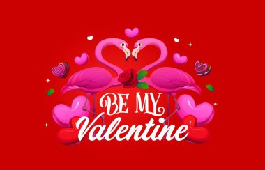 Sevgililer Günü tabirim olsun. Tatil günü, vektör tipografisi. Karikatür sevimli çift pembe flamingo kuştan kalpler, şekerler ve gül çiçekleri. Sevgililer günü kartlarında romantik alıntılar olur.