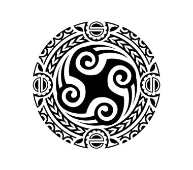 Maori güneş madalyonu kabile sembolü siyah dövme ya da çıkartma. Maori savaşçısı soyut sembolü, Samoalı kabile grafik süslemesi. Yeni Zelanda kabile halk dövmesi