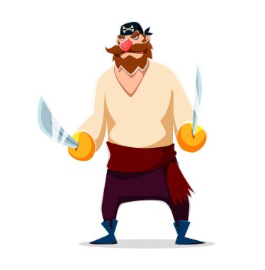 Çizgi film korsan vektör karakteri. Kalın kahverengi sakallı ve siyah bandanalı korsan dövüşçüsü iki parlak kıvrımlı kılıç tutuyor, savaşa hazır. Kırmızı burunlu kızgın bir korsan.