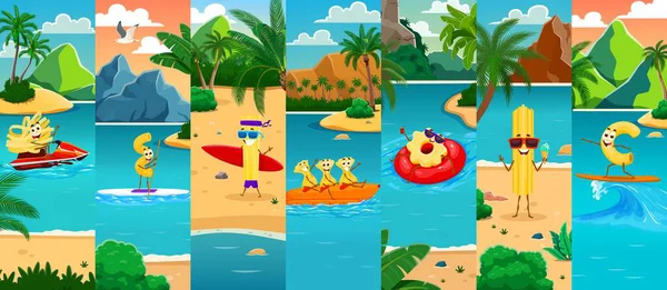 Çizgi film İtalyan mutlu makarna vektör karakterleri yaz tatilinin tadını çıkarıyor. Jet ski 'de spagetti, sörf tahtasında makarna, plajda makarna, muz teknesinde lazanya, halka üzerinde fusilli.