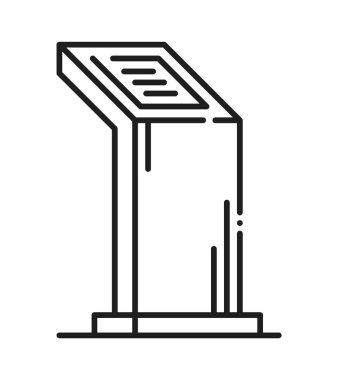 Ürün tanıtımı etkileşimli stand line simgesi veya pictogram. İş fuarı reklam kutusu simgesi, ürün sunumu vektör işareti. Perakende tanıtım görüntüleme piktogramı