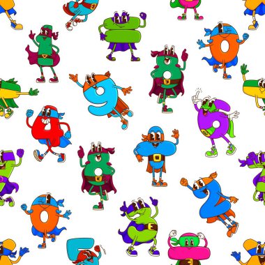 Matematik numarası süper kahraman karakterler kusursuz vektör deseni. Pelerinli ve maskeli süper güçlü kahraman figürleri. Şirin, mutlu maskotlarla matematik oyunu kusursuz arkaplan