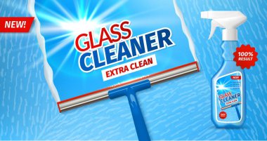 Gerçekçi cam temizleme şişesi, cam sileceği ve köpük. Şeffaf sıvı içeren vektör cam sprey şişesi. Cam sileceği köpüklü yüzeyi silip güneş yansımalı parlak, temiz camları ortaya çıkarır.