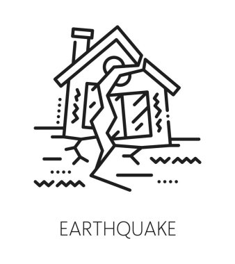 Deprem doğal afet, küresel afet çizgisi ikonu. Doğal afet lineart ikonu, küresel yıkım vektör işareti. Deprem felaketi, yıkık dökük bina resimli.