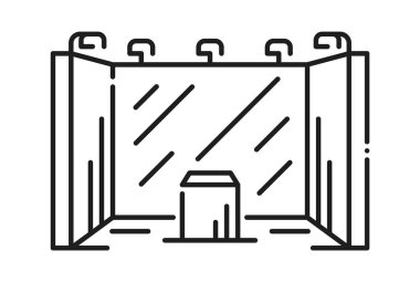 Sergi reklamı sunumu sahne sahne çizgi simgesi veya pictogram. Ürün sunumu ince çizgi sembolü, sergi standı vektör piktogramı. Ticari tanıtım ışık kutusu simgesi