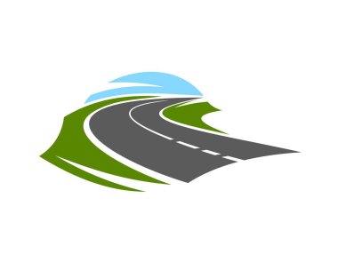 Otoyol logosu vektör simgesi, asfalt yolu. Yeşil çimen tarlalarıyla ufka uzanan dolambaçlı otoyol. Taşıma ve seyahat, navigasyon ve harita, lojistik simge