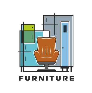 Modern koltuk, dolap, dolap ve geometrik iç organlara sahip ev dekorasyonu ve mobilya ikonu. Ev dekorasyonu markaları veya iç tasarım hizmetleri için izole vektör amblemi konfor çağrıştırıyor