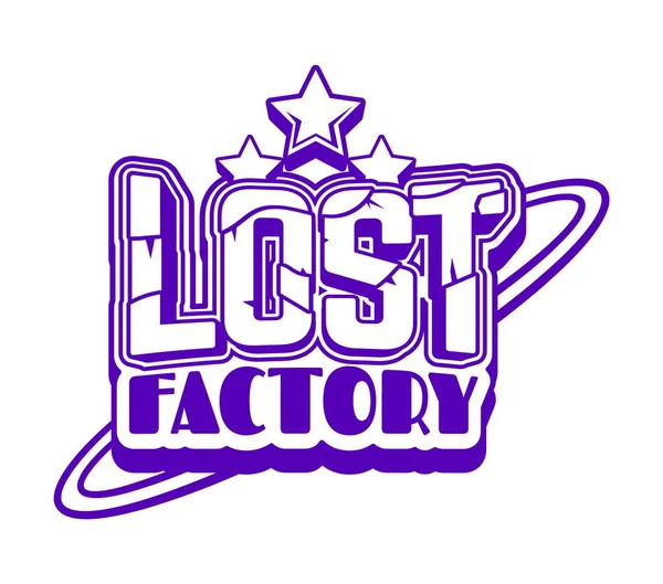Mor Y2K sokak giysisi kayıp fabrika simgesi ya da amblemi. Fütüristik vintage baskı, giysi grafiği, izole edilmiş vektör etiketi. Marka tipografi retro amblemi veya sokak giyimi metin Y2K simgesi