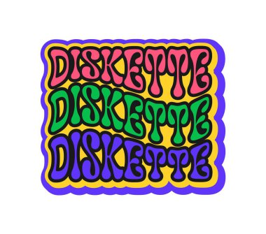 Diskette Y2K stiovy sticker veya hippi etiketi. Elektronik cihaz harika vektör etiketi, klasik PC donanım karikatür yaması. 1990 'ların dijital teknoloji funky etiketi veya renkli tipografi metni olan çıkartması