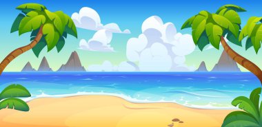 Tropik deniz sahili manzarası vektör arka planı. Tropikal deniz adasının karikatür yaz günü plajı, yeşil palmiye ağaçları ve mavi su dalgaları güneşli gökyüzü altında dalgalar, ufukta dağlarla birlikte doğa manzarası.