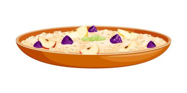 Elma dilimleri, ahududu, tohum ve yulaf gevreğiyle geniş seramik kasede yulaf lapası. Vektör sağlıklı kahvaltı, meyve soslu tahıl yiyeceği, doğal beslenme sabah yemeği.