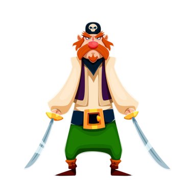 Çizgi film korsan karakteri iki kolu açık, iki kavisli kama tutuyor. Büyük kırmızı bıyıklı ve sakallı vahşi bir korsan karakteri. Çocuklar için komik Karayip kişiliği