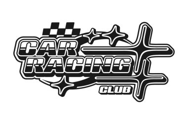 Otomatik kalkış klubü klasik Y2K simgesi veya amblemi. 60 'ların yarış Grand Prix' si, 70 'lerin vektör sembolü, motor sporu Y2K işareti. Formula 1 yarış amblemi kareli desen, yıldızlar ve tipografi ile