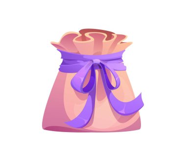 Dekoratif bir fiyonkta geniş mor bir kurdeleyle bağlanmış lavanta kozmetik tuzu içeren vektör kumaş kesesi. Aromaterapi kesesi, kozmetik markalaşma, spa lavanta tuz kesesi. Lavanta banyosu tuzu