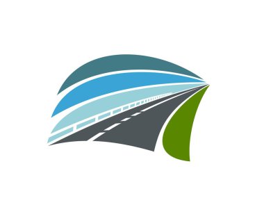 Karayolu ikonu, asfalt yol yol yol vektör sembolü merkezi çizgiler, güvenlik bariyerleri, yeşil alan ve mavi gökyüzü. Harita, navigasyon, yön ve seyahat işareti. Yarış pisti uzaklaşıyor